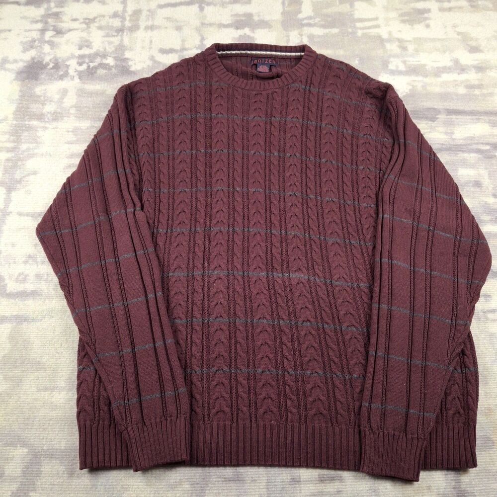 Jantzen Vintage Sweater Mens XL Burgundy Maroon Cable Knit 100% Cotton Striped